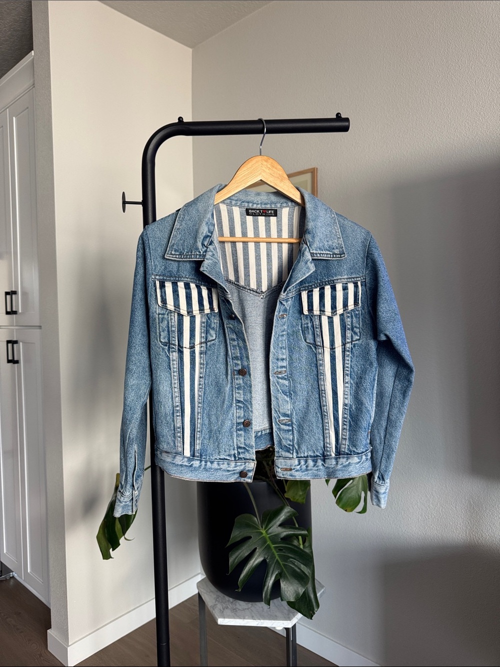 Striped Accent Light Blue Denim Jacket -